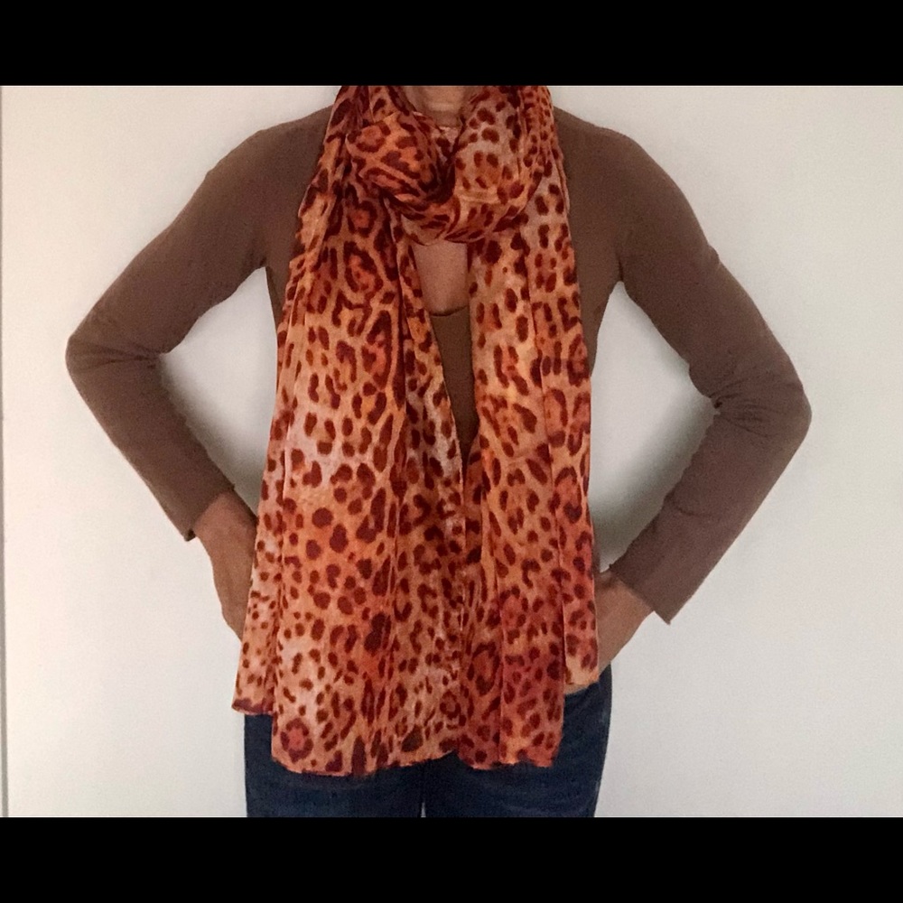 Silk scarf leopard print orange 74”by 44”, Italy - Picture 3 of 6